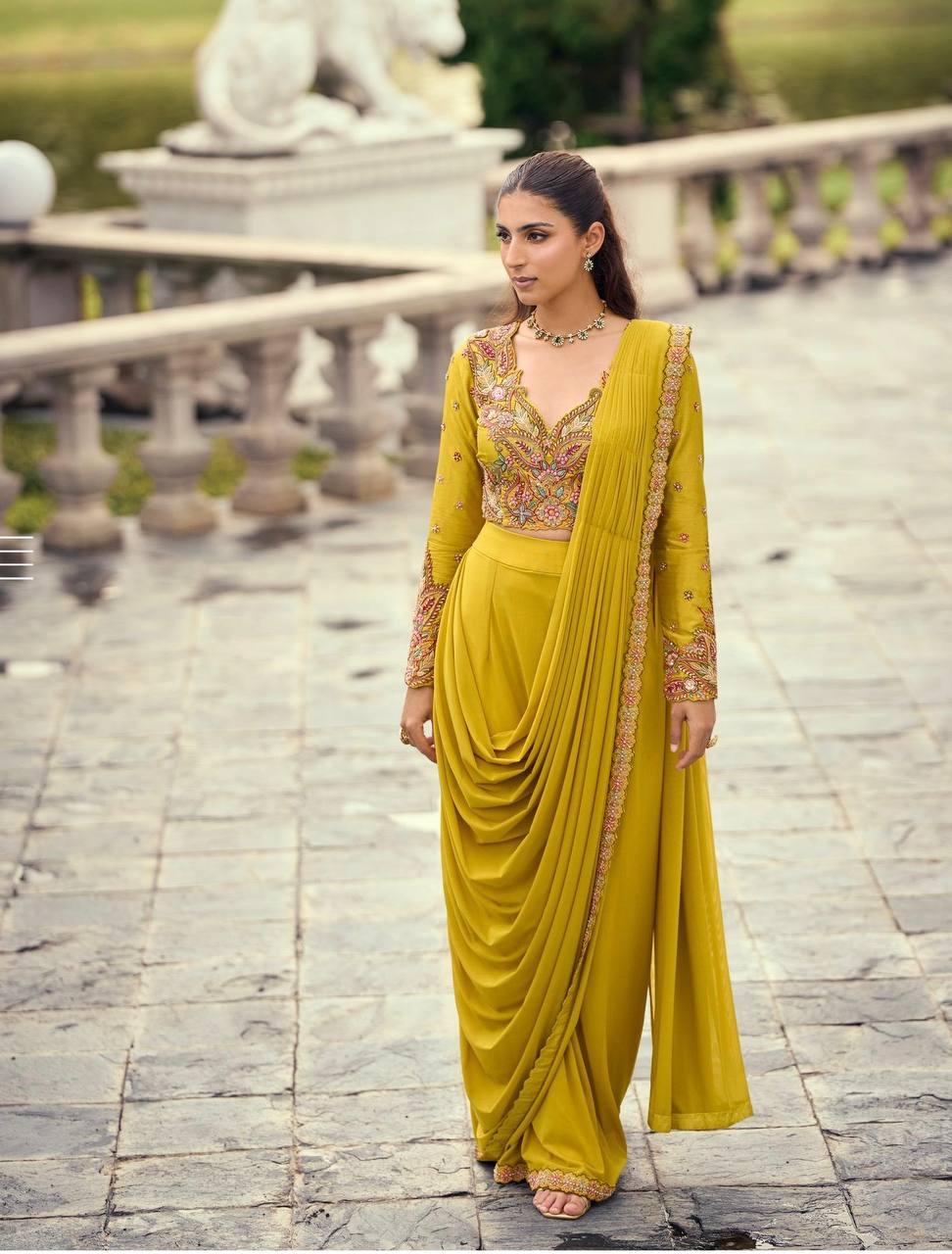 Women’s Embroidered Blouse Palazzo Set with Viscose Jacquard Dupatta