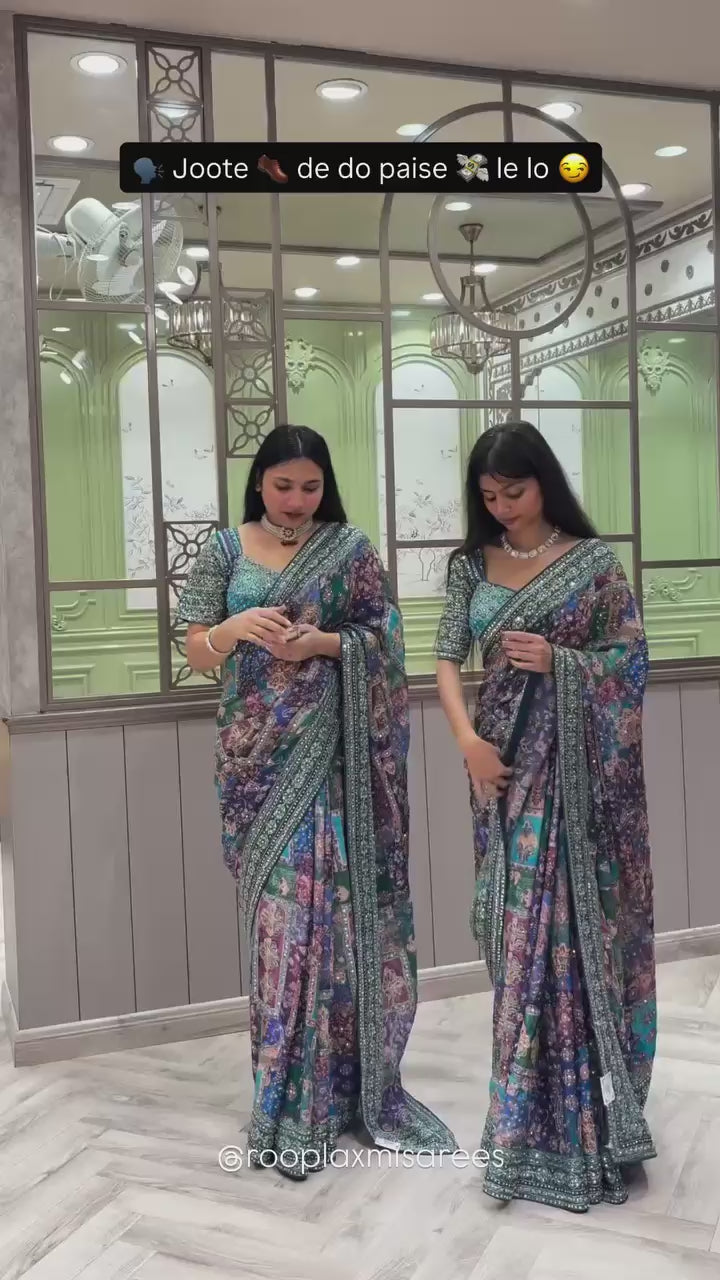 Pure Soft Chinon Silk Saree with Real Mirror Hand Embroidery