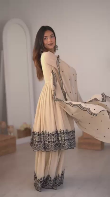 Party Wear Cream Palazzo Suit Set