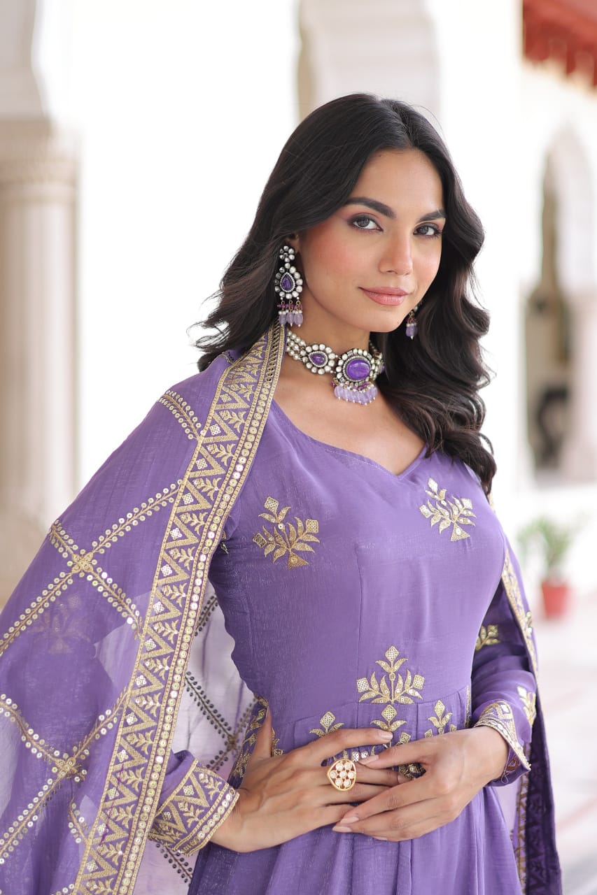 Silver Embroidered Sequined Gown Set