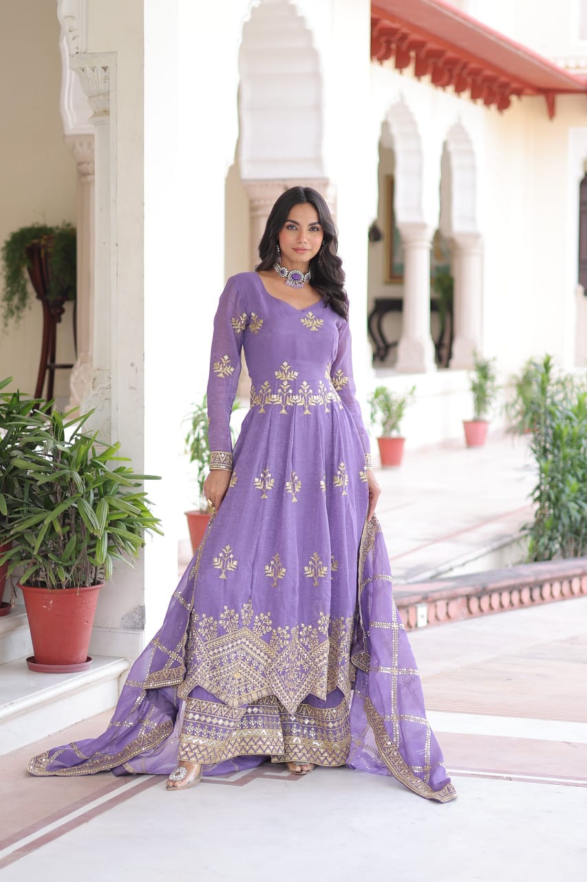 Silver Embroidered Sequined Gown Set