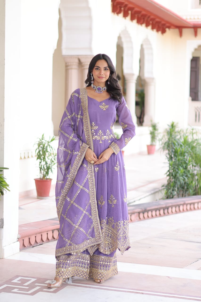 Silver Embroidered Sequined Gown Set