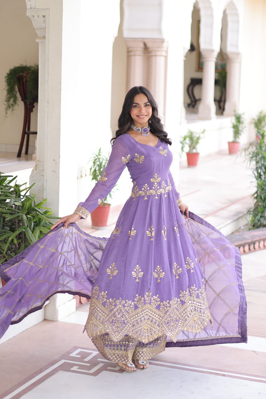 Silver Embroidered Sequined Gown Set