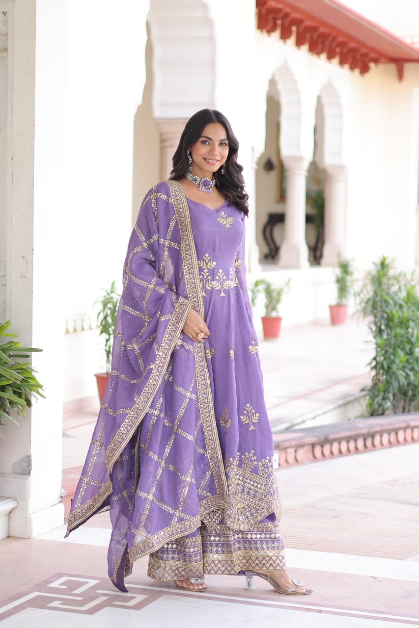Silver Embroidered Sequined Gown Set